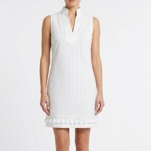 Eliza J Mandarin Collar Eyelet Tassel Shift Stess V-Neck Creamy White Size 4